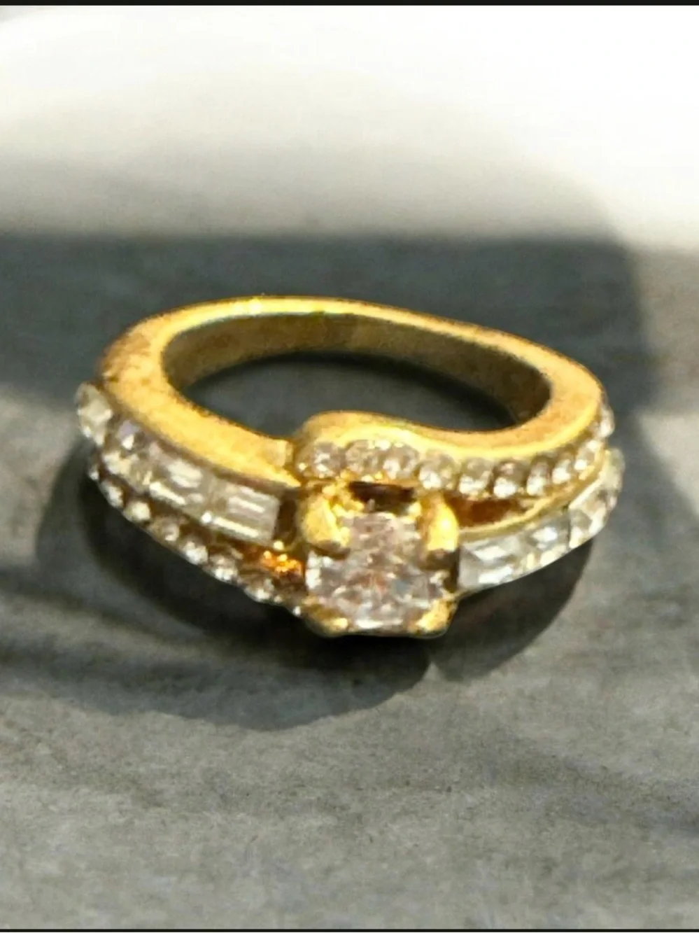 Gold Tone Crystal Halo Engagement Ring - White Crystal Accent Size 6 1017